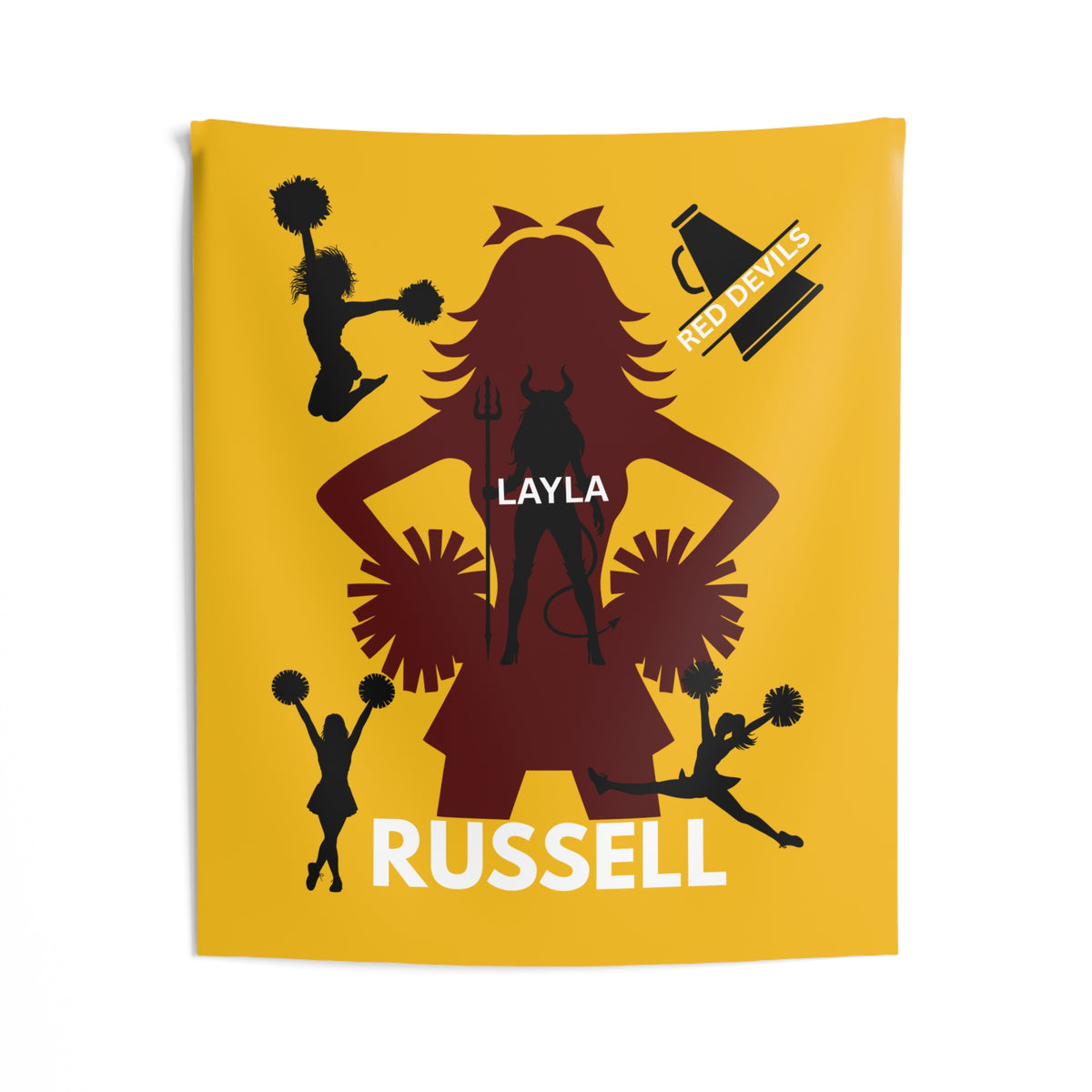 Cheerleader Wall Tapestry — Personalized 'Layla Russell' Red Devils Pom Squad Decor