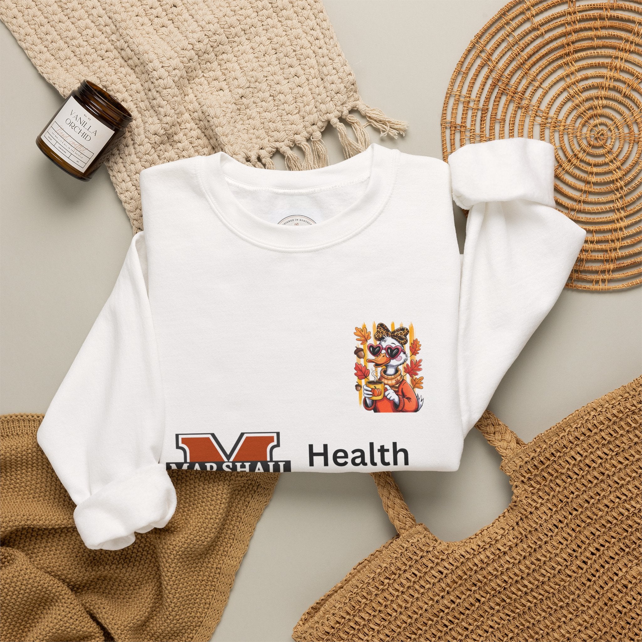 Crewneck Sweatshirt — "Just a Fall Goose" Autumn Graphic, Marshall Health Network Logo