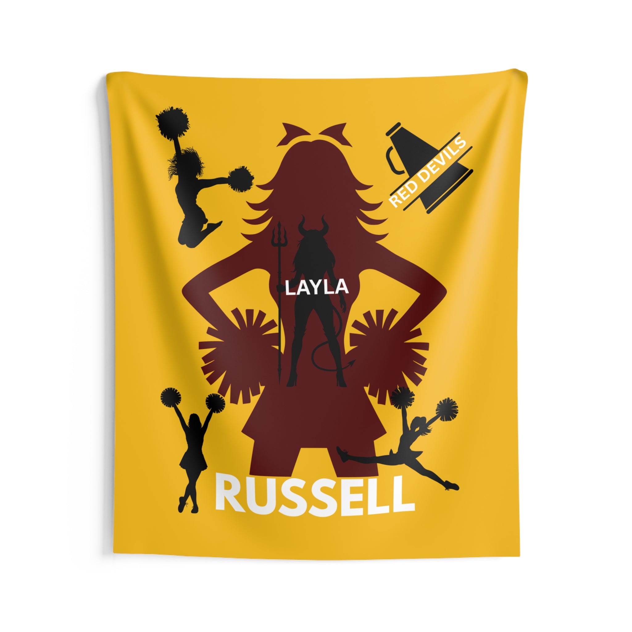 Cheerleader Wall Tapestry — Personalized 'Layla Russell' Red Devils Pom Squad Decor