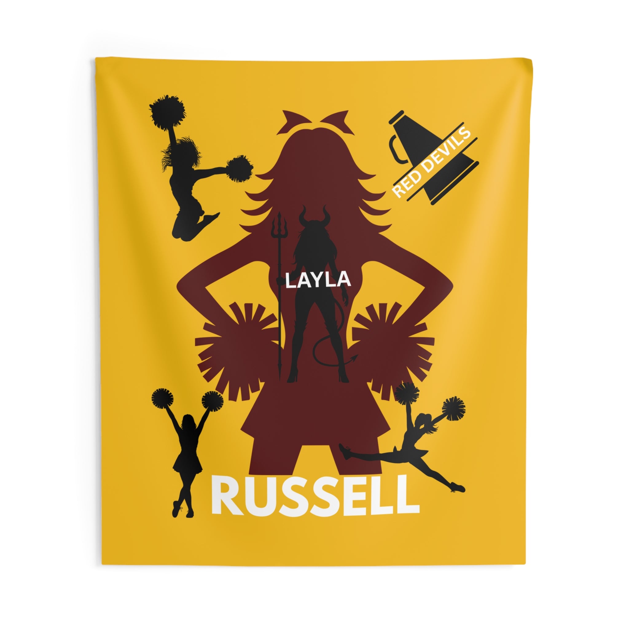 Cheerleader Wall Tapestry — Personalized 'Layla Russell' Red Devils Pom Squad Decor