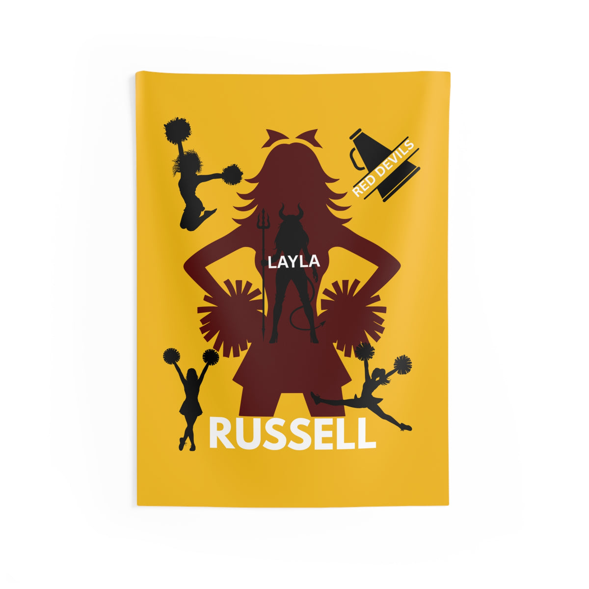 Cheerleader Wall Tapestry — Personalized 'Layla Russell' Red Devils Pom Squad Decor